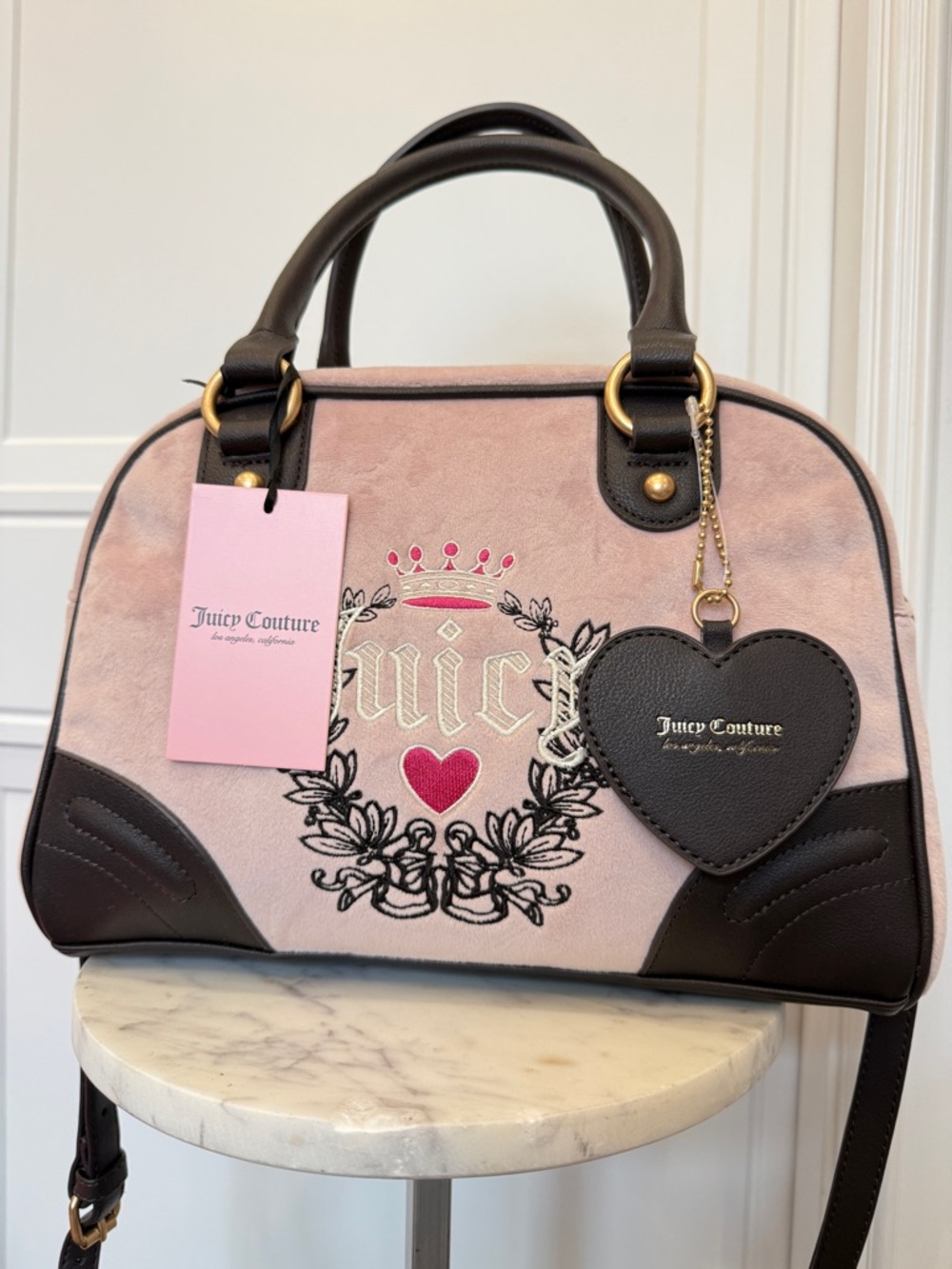 NWT JUICY COUTURE HERITAGE BOWLER BAG PINK VELOUR BROWN TRIM Y2K PURSE
